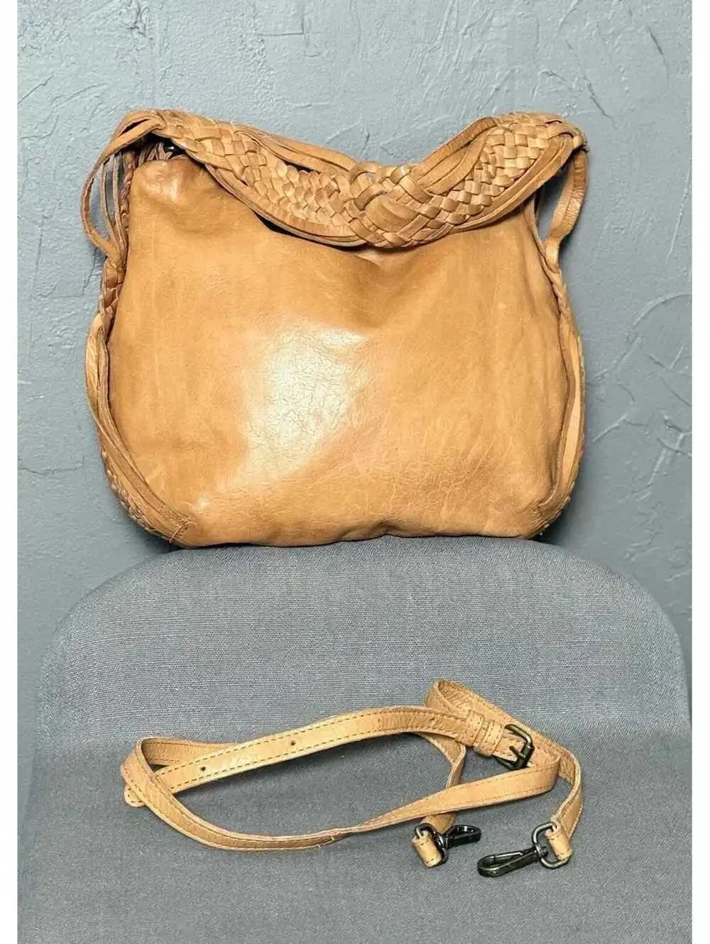Golden Tan Leather Hobo Bag Woven Leather Handle + Removeable Crossbody Strap